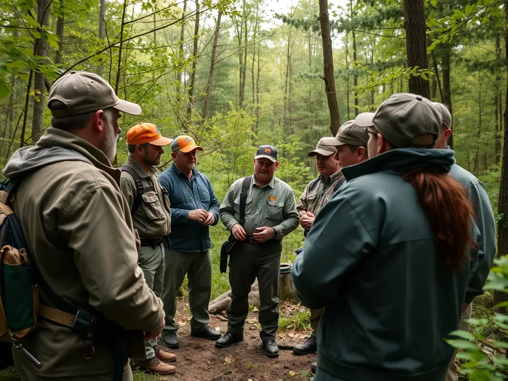 A SOCIETE COMMUNALE DE CHASSE DE GIMEL LES CASCADES member leading a workshop on responsible hunting practices, teaching participants about wildlife identification and ethical hunting techniques.
