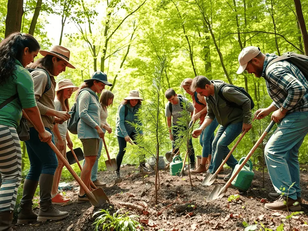 A group of SOCIETE COMMUNALE DE CHASSE DE GIMEL LES CASCADES members participating in a habitat restoration project, planting native trees and shrubs to enhance biodiversity.