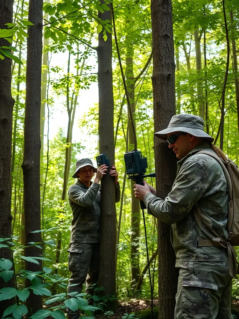 A picture of researchers monitoring wildlife populations, collecting data, and analyzing trends to inform conservation strategies.
