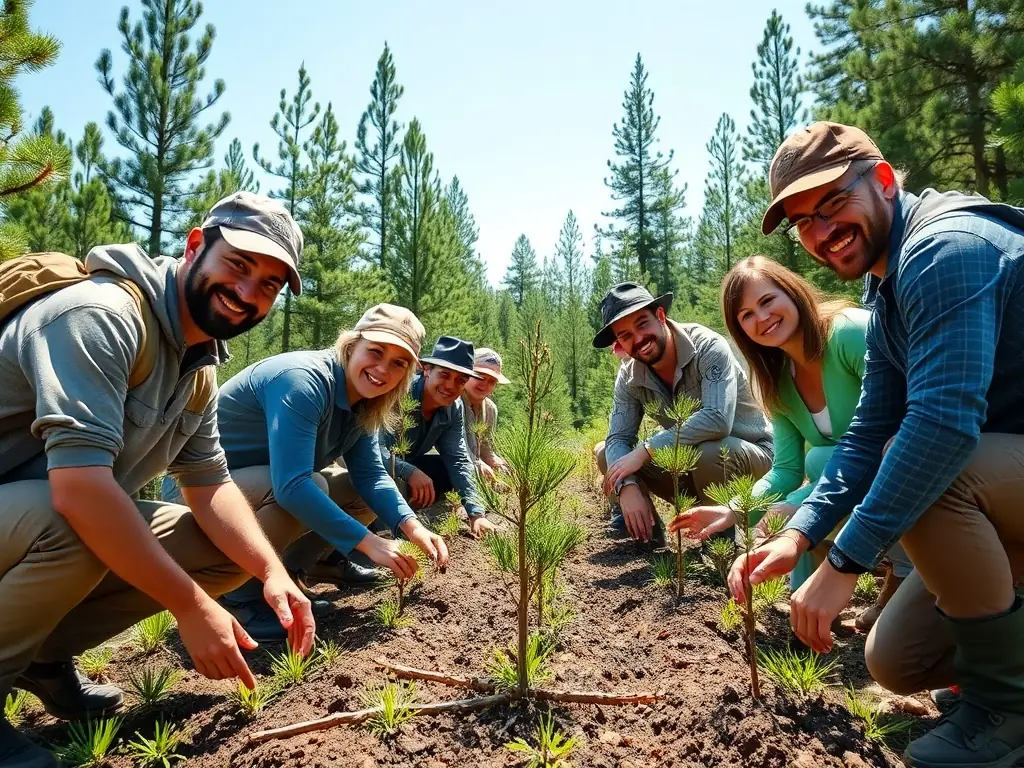 A group of volunteers planting trees in a forest as part of a habitat restoration project.