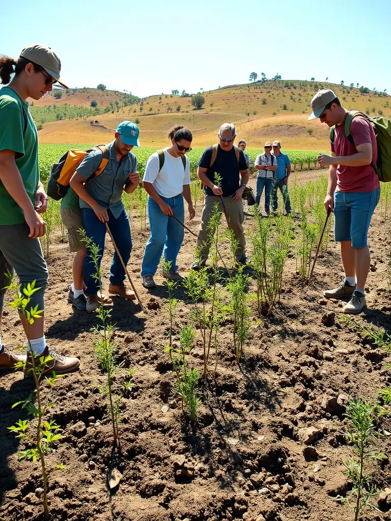 An image of a wildlife habitat restoration project, showing volunteers planting native plants and improving the environment for local species.