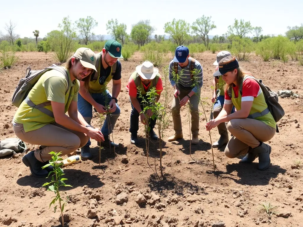A group of volunteers planting native trees in a deforested area, illustrating habitat restoration efforts by SOCIETE COMMUNALE DE CHASSE DE GIMEL LES CASCADES.
